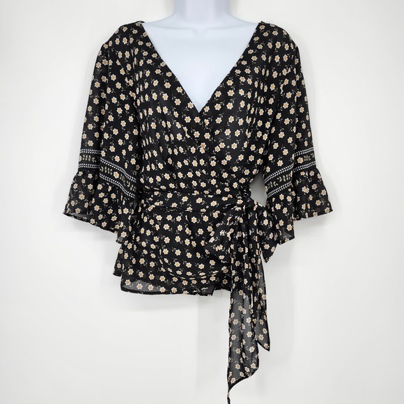 Max Studio Tops - Max Studio Black Contemporary Floral Wrap Blouse Womens Large Cottage Career